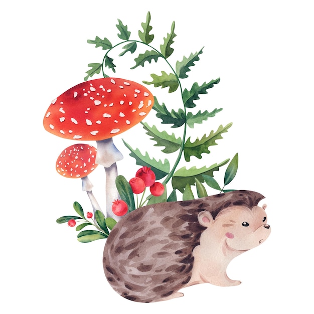 Igel mit Fliegen-Agaric und einem Farnzweig im Skizzenstil auf weißem Hintergrund Aquarell-Illustration handgemalt Ein süßer Stachelschild, der durch den Wald läuft Ein dekoratives grafisches Element