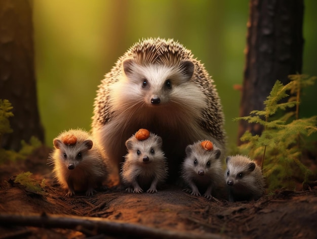 Igel mit Igeljungen im Sommerwald