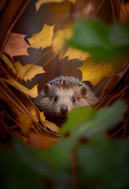 Igel versteckt sich in etwas Laub generativer ai