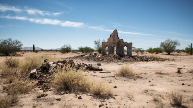 Foto una iglesia abandonada en el desierto con un cielo azul de fondo.