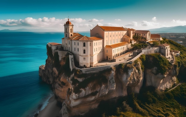 Una iglesia en un acantilado con vista al océano