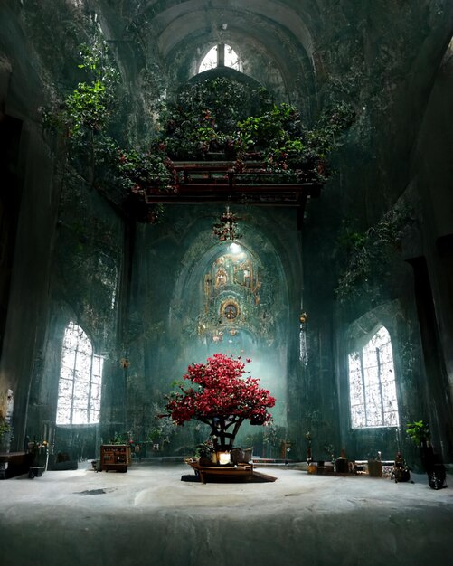 Una iglesia con un árbol en el medio.