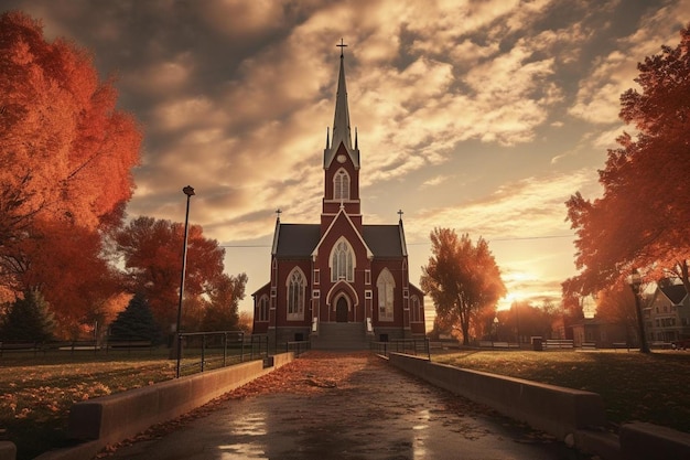 Una iglesia con un atardecer de fondo