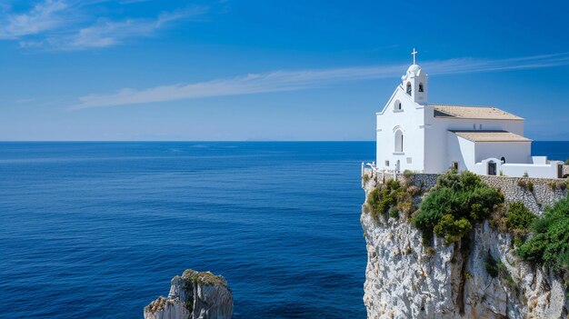 Foto una iglesia blanca en un acantilado con vistas al océano