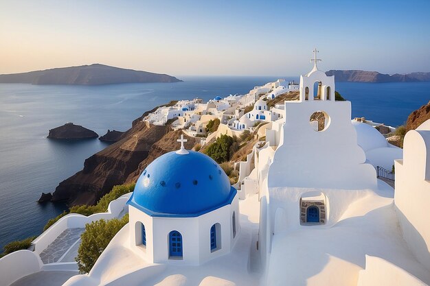 Iglesia blanca con cúpula azul con vistas a un barco en el mar Egeo Santorini Cícladas Islas griegas Grecia Europa