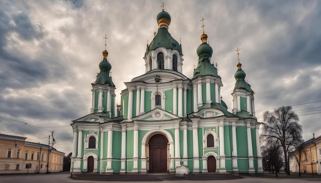 Foto una iglesia con borde verde y blanco y una iglesia verde y blanca