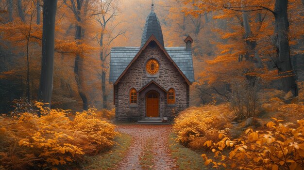 Iglesia en el bosque de otoño 3D render concepto de Halloween IA generativa