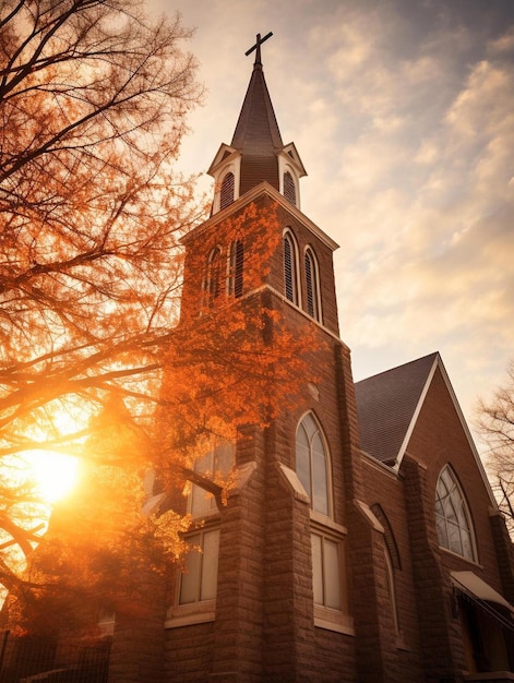 una iglesia con un campanario y una puesta de sol al fondo.