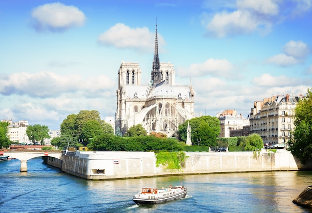 La iglesia de la catedral de Notre Dame sobre el río Sena en el día de verano, París, Francia, tonos retro