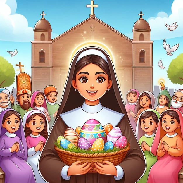 Foto iglesia católica hermana oración en la iglesia con familia dibujos animados ai imágenes generadas