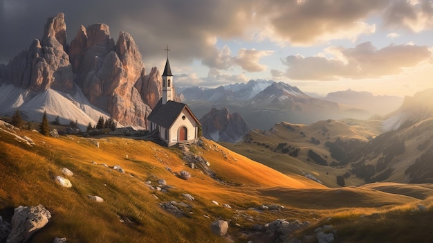 Una iglesia en una colina con montañas al fondo