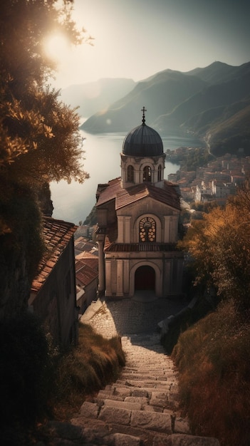 Una iglesia en una colina con un río al fondo