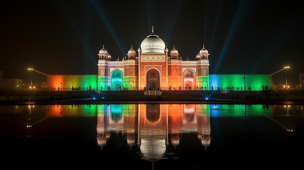 Una iglesia con los colores del arco iris y un reflejo en el agua.