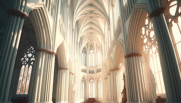 Una iglesia con columnas y una ventana grande