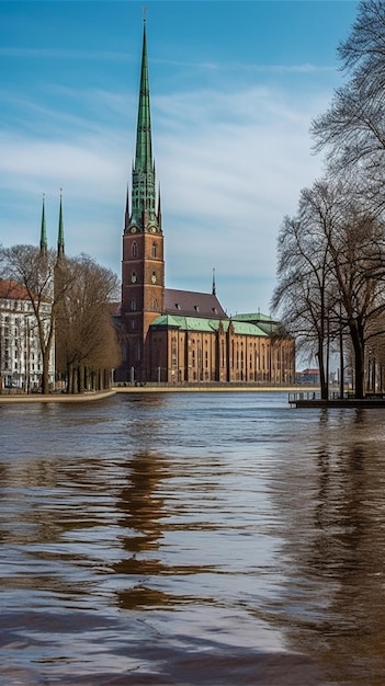 Una iglesia en copenhague con un techo verde y un techo verde