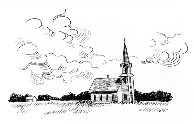 Iglesia cristiana en el campo. Dibujo a tinta en blanco y negro