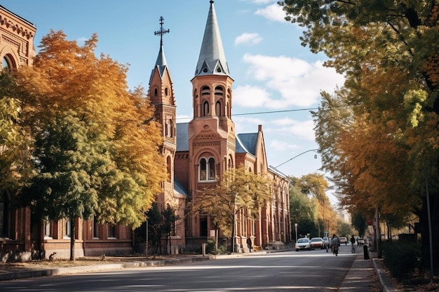 una iglesia con una cruz en lo alto de la torre.