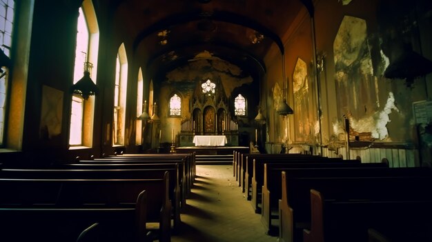 Una iglesia con una cruz en la pared y una vidriera