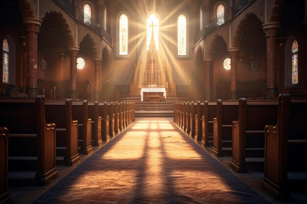 una iglesia con una cruz en la parte superior del altar