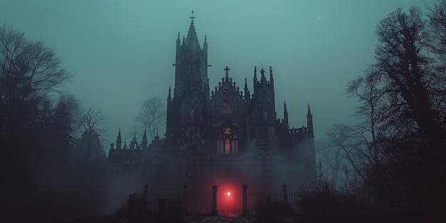 Foto una iglesia espeluznante en medio de un bosque de niebla