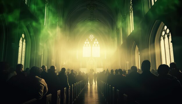 Una iglesia con feligreses y un concepto de luz verde mágica Día de San Patricio