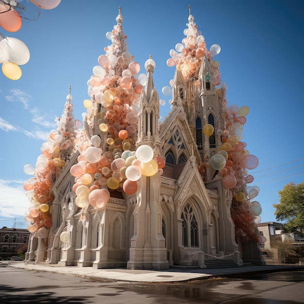 Foto una iglesia con globos en la parte superior