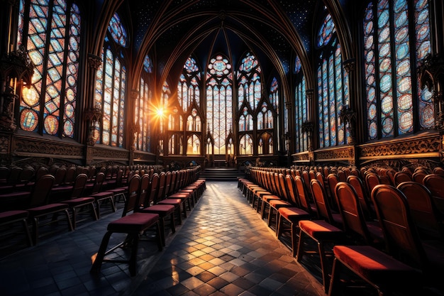 Iglesia gótica con coloridas vidrieras y altar ornamentado generativo IA