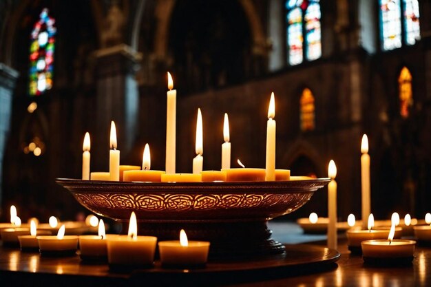 Foto una iglesia con un gran cuenco de velas que dice votive