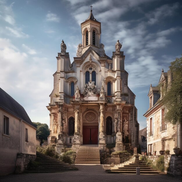 una iglesia con una gran puerta roja y una grande puerta roja.