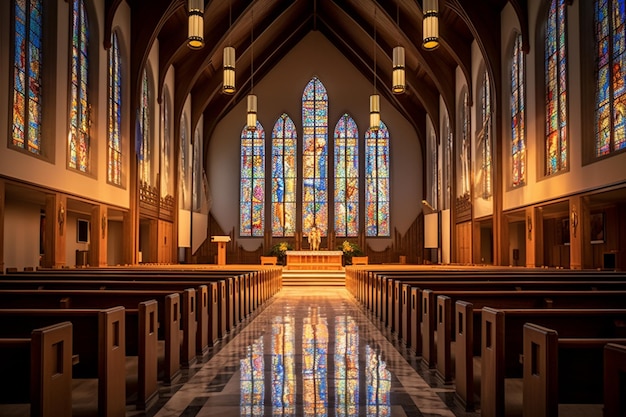 Una iglesia con una gran vidriera