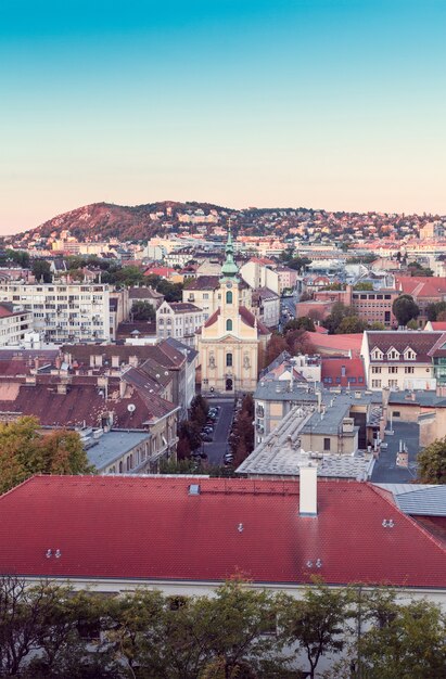 Iglesia histórica con el telón de fondo del paisaje urbano de Budapest