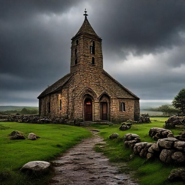 una iglesia con una iglesia de piedra en la parte delantera y un cielo oscuro detrás de ella