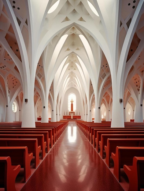 Una iglesia con un interior rojo con una iglesia con un banco rojo.