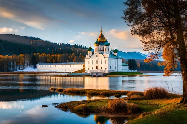 Foto una iglesia junto al lago