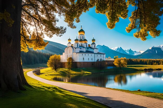 una iglesia junto al lago