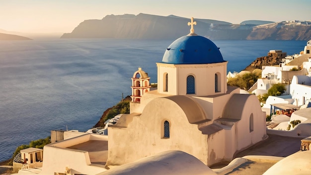 Iglesia local con cúpula azul en el panorama de Oia Santorini