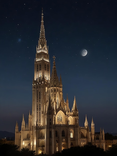 una iglesia con una luna en el cielo detrás de ella