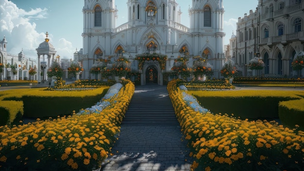 Una iglesia con muchas flores.