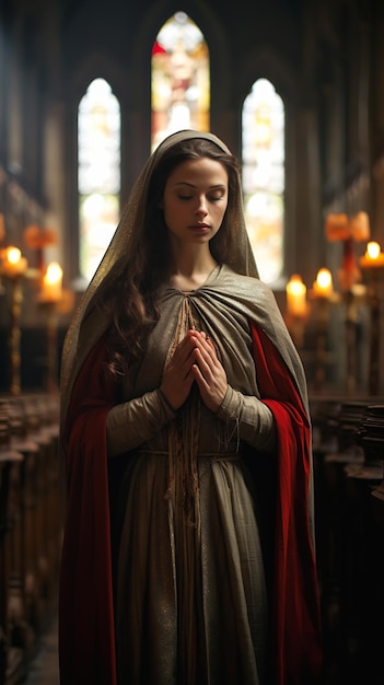 Foto iglesia mujer vestido medieval parado todavía serie de televisión postura de oración princesa vestida de encaje moderno