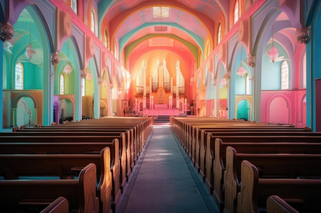 una iglesia multicolor de colores vívidos