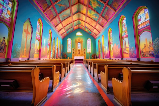 una iglesia multicolor de colores vívidos