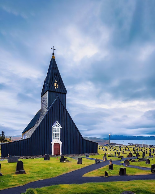 Una iglesia negra con techo rojo y un letrero blanco que dice "la palabra" en él