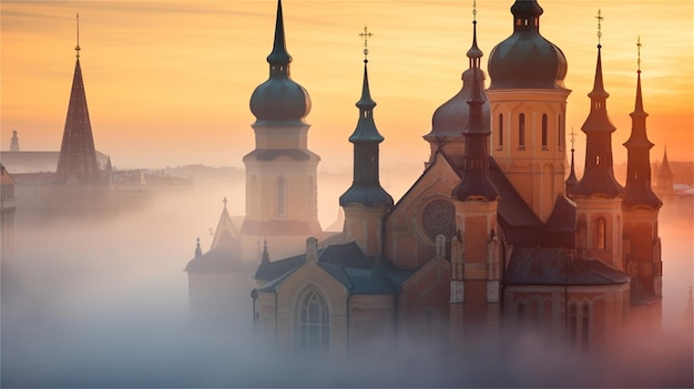 Una iglesia en la niebla