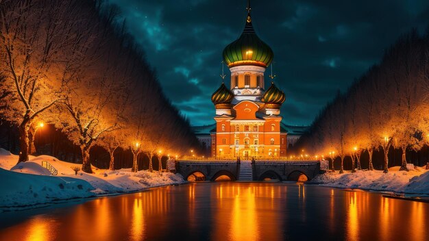 Una iglesia en la nieve por la noche.