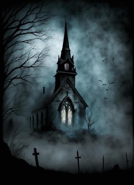 Una iglesia oscura con un cementerio al fondo.