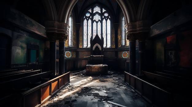 Una iglesia oscura con vidrieras y una vidriera que dice 'la iglesia'