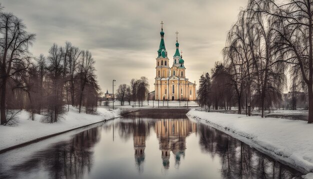 Foto una iglesia con un reflejo de árboles en el agua