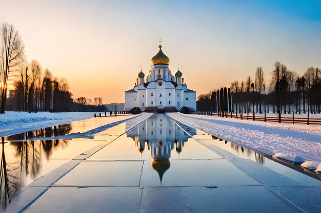 una iglesia con un reflejo del cielo en el agua