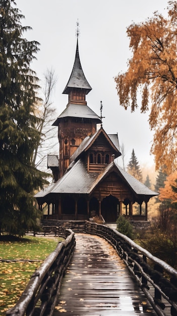 Iglesia rústica de madera tradicional en una superficie de día nublado