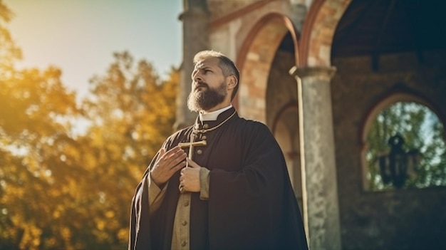 Por la iglesia un sacerdote cristiano con una cruz está suplicando AI generativa